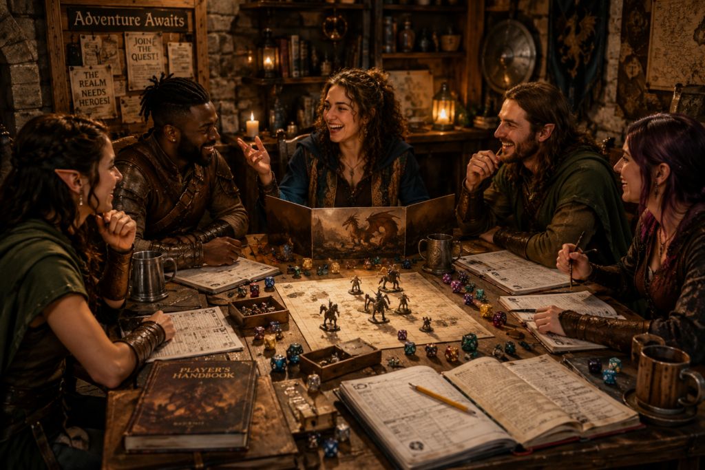 Adventurers sitting around a rustic wooden table playing a tabletop game by firelight.